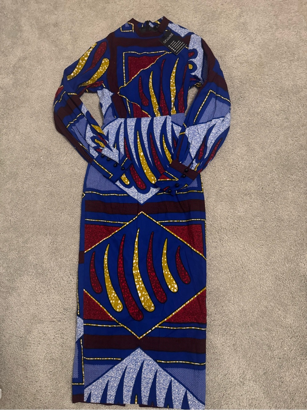 OFUURE Blue, Burgundy & Yellow Long Sleeve Printed Midi Dress
